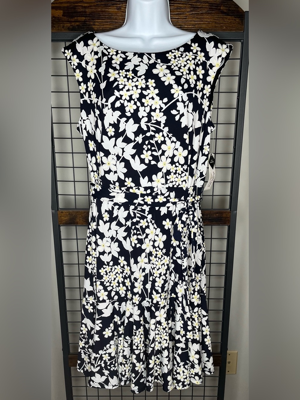 Studio One New York Sleeveless Navy Floral Midi Dress with Self-Tie Belt NWT